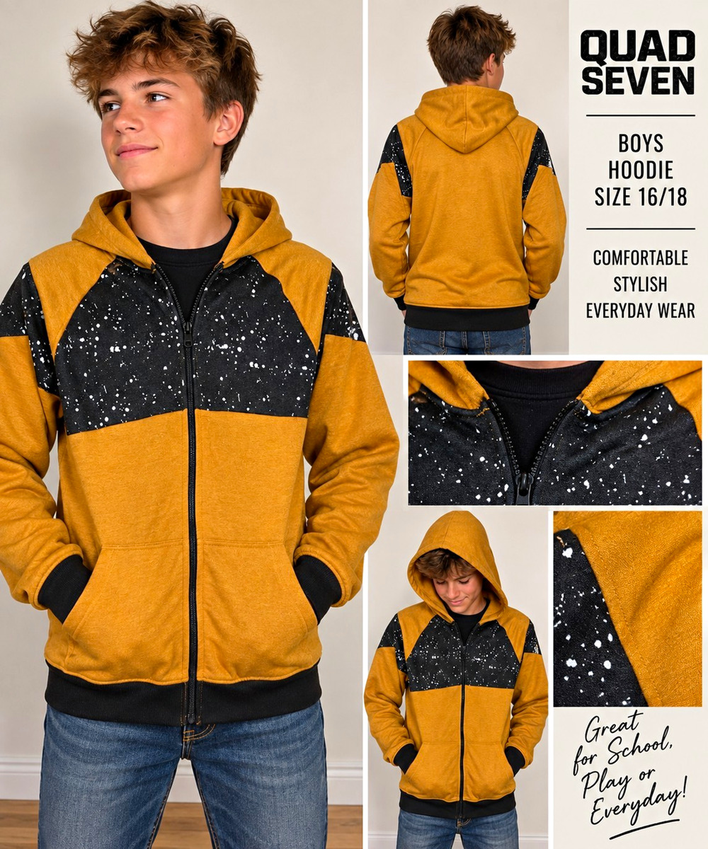 Quad Seven Boys Hoodie 16/18 Mustard Gold Black Speckled Full Zip Jacket